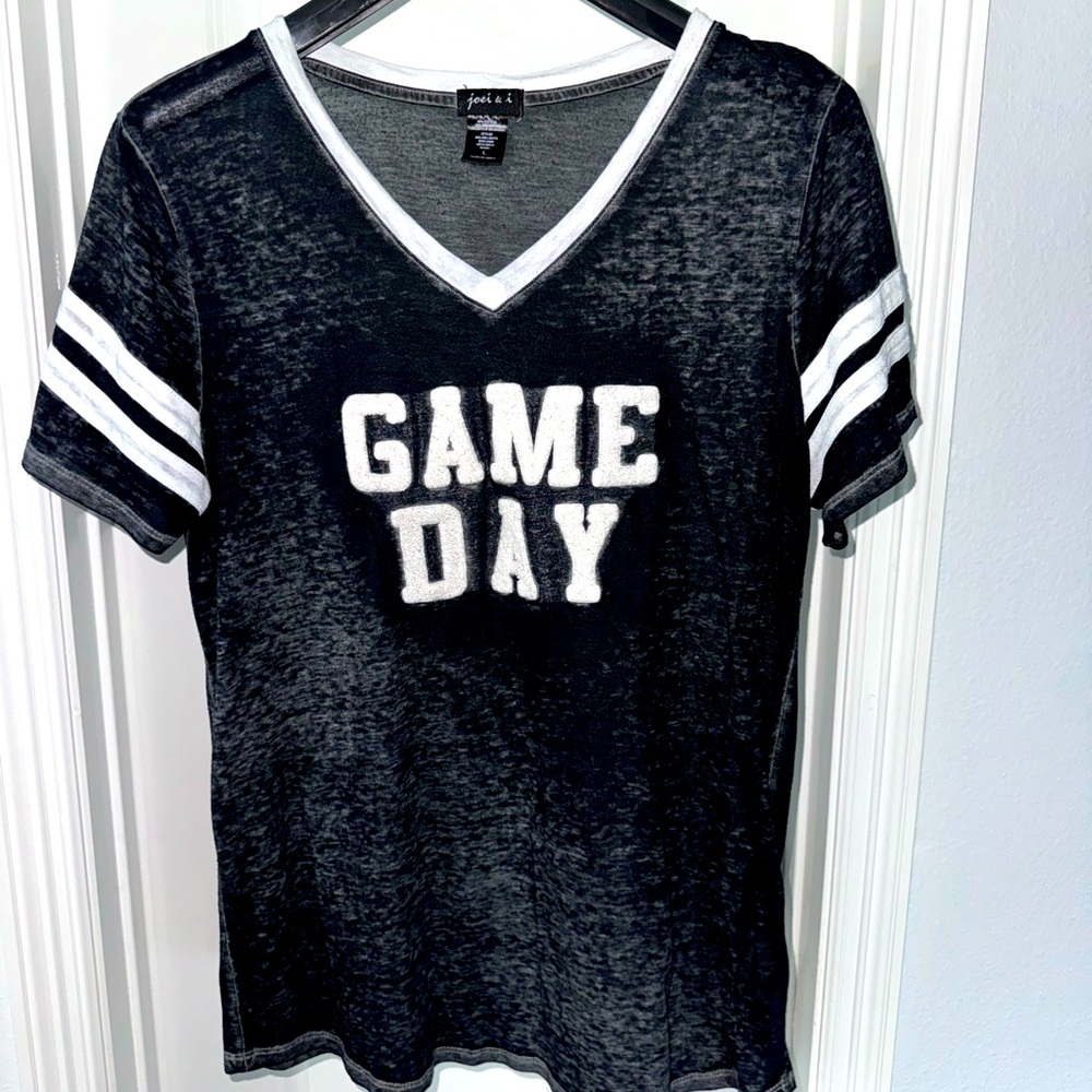 Joei & I “Game Day” Burnout Sport/Event V-Neck TShirt-Black, Gray & White-Large